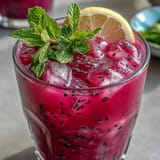 Vibrant dragon fruit lemonade with chia seeds, served over ice.