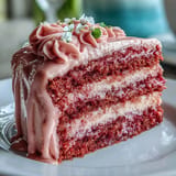 A festive pink rosé velvet cake adorned with shimmering gold drip, perfect for celebrations.
