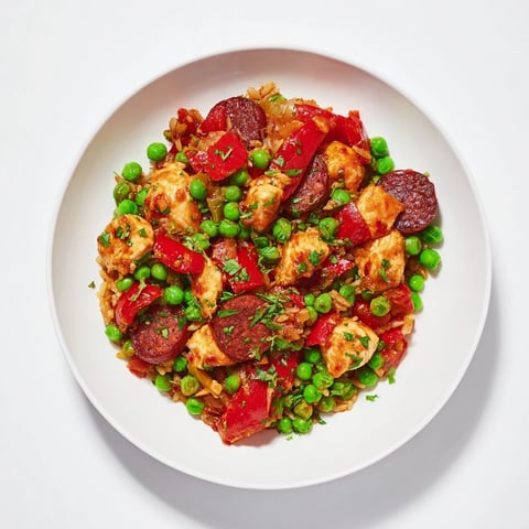 Steaming Chicken and Chorizo Rice Skillet, a colorful one-pan meal with sizzling chorizo bits.