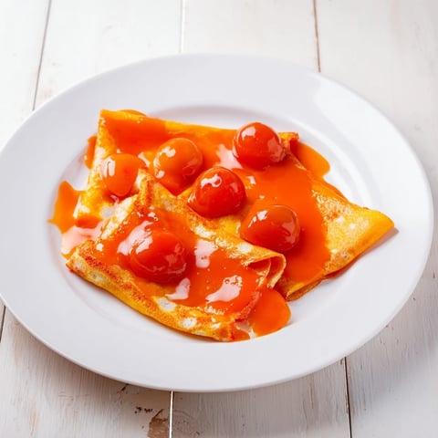 Golden, folded Cherry-Coded Crêpe Suzette, drizzled with a glistening cherry-orange sauce, ready to serve.