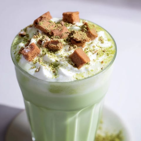 Frothy Sugar-Free Gingerbread Cookie Matcha Frappe, a vibrant green beverage topped with whipped cream and spices.
