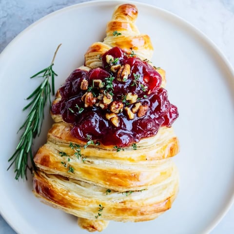 Golden Brie en Croûte Pine Tree, baked in flaky pastry, with a glistening egg wash and rosemary sprigs.