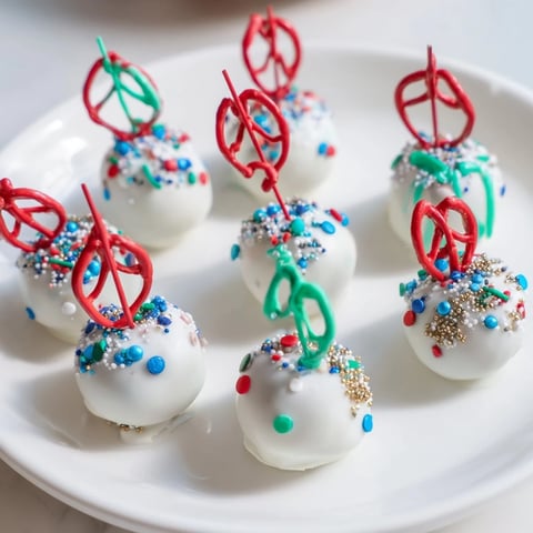 Festive ornament ball cake pops with colorful sprinkles are a delicious holiday treat.