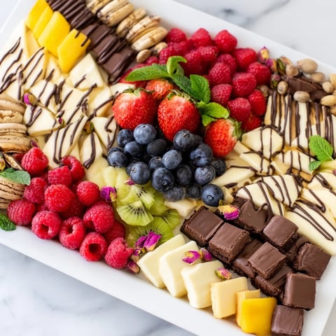 A luscious dessert platter of The Sweet Dessert Decadence, drizzled with melted dark chocolate and white chocolate.