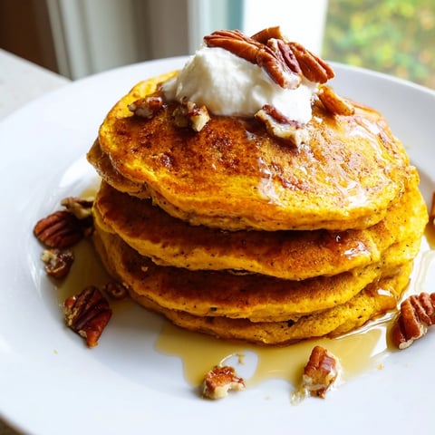 Golden, fluffy pumpkin spice pancakes piled high, ready to be drizzled with warm maple syrup.