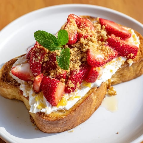Strawberry Cheesecake Toast topped with macerated strawberries and creamy, sweet cream cheese on toasted bread.