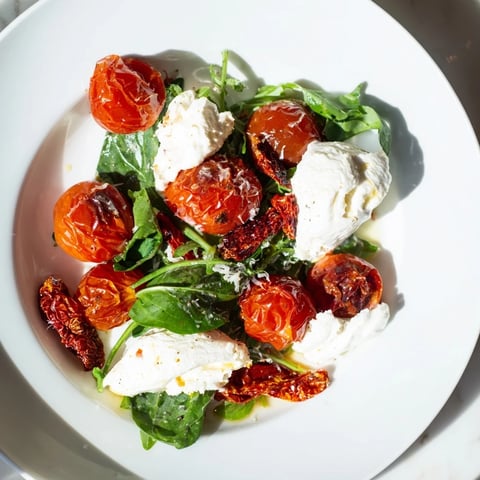 Tomato Three-Way Salad boasts vibrant colors and textures, featuring plump roasted tomatoes.
