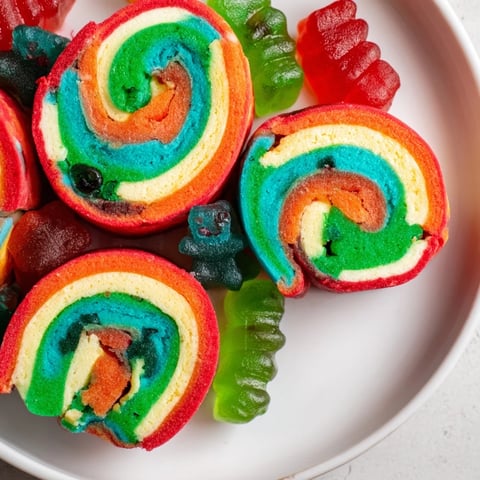 Vibrant photo of Rainbow Candy Roll Ups, showing colorful pinwheels filled with gummy candies.
