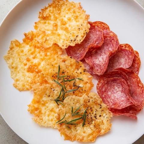 Crispy charcuterie chips, a gourmet appetizer made with baked meats and cheeses, perfect for snacking.