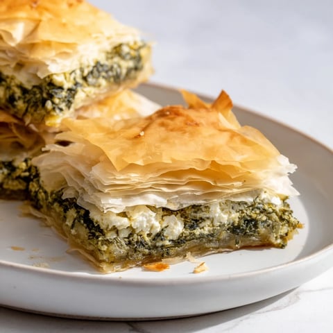 Golden, flaky Greek Spanakopita, filled with spinach and feta, ready to cut and serve.