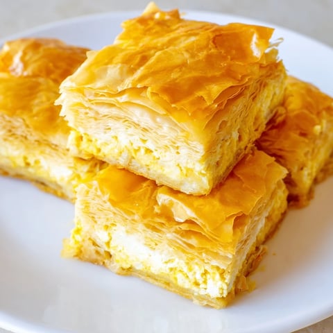 Golden, flaky layers of Serbian Gibanica, a savory cheese pie, glistening after baking to perfection.