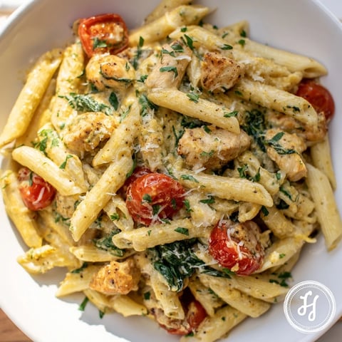 Golden-brown chicken pieces simmer in a vibrant lemon herb sauce alongside penne pasta, fresh spinach, and halved cherry tomatoes in a single skillet.