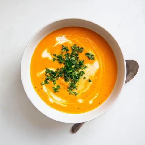 A bowl of velvety carrot-based creamy soup garnished with parsley and a swirl of cream.