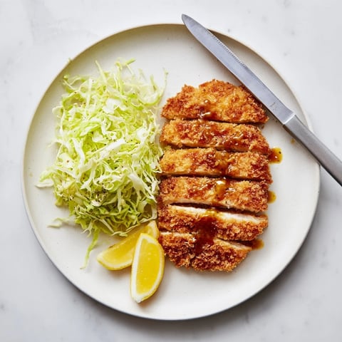 Golden-brown, panko-crusted Chicken Katsu cutlet sliced and served over rice with tangy tonkatsu sauce.