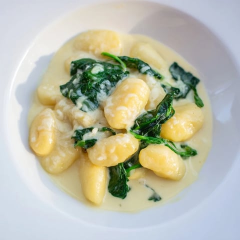 Creamy Garlic Gnocchi served in a rustic skillet, with tender potato dumplings and wilted spinach coated in a luscious garlic cream sauce.  