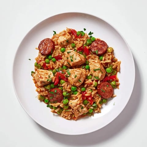 Golden rice surrounds tender chicken in this flavorful Chicken and Chorizo Rice Skillet dish.
