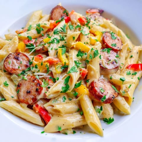 Spicy Smoked Sausage Cajun Alfredo featuring sliced sausage, tender pasta, and a rich, creamy sauce.