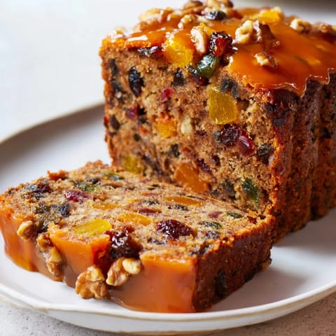 Close-up of a beautifully baked Easy Glazed Christmas Fruit Loaf Cake, showcasing candied fruit topping it.