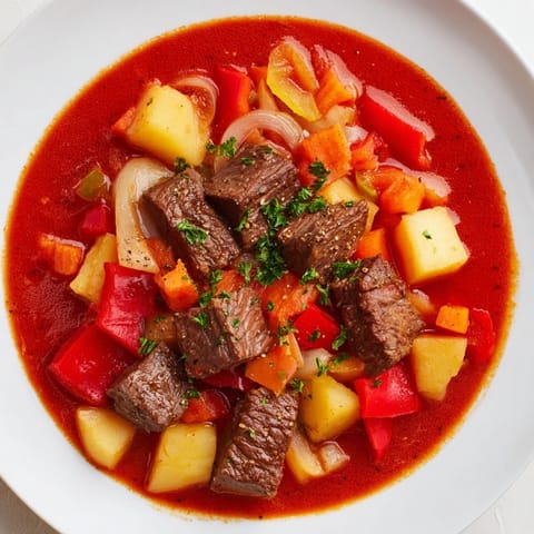 This photo highlights a robust serving of hearty beef goulash with crusty bread for a flavorful meal.