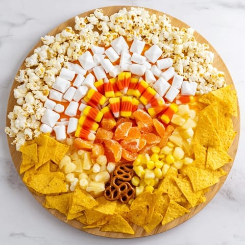 A close-up of a festive candy corn spooky board with candy, cheese cubes, plus fruit.