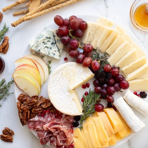 Jingle Bell Cheese Board—a beautiful, festive spread with cheeses, fruits, and charcuterie, ready to serve.