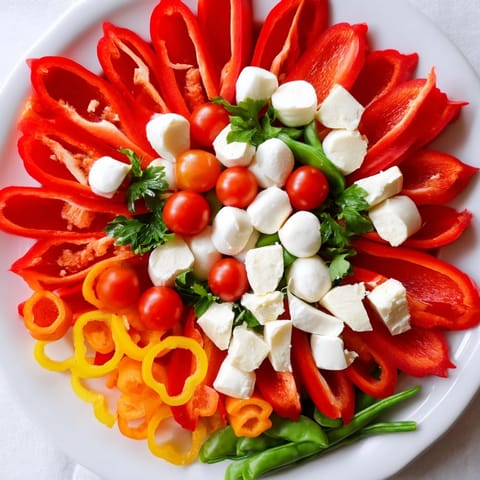 Festive Poinsettia Platter: A colorful appetizer platter featuring bell peppers, mozzarella, and dips, ready to serve.