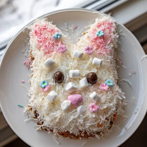 Moist Spring Bunny Carrot Cake, frosted with cream cheese, adorned with coconut fur and candies.
