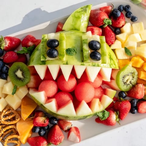 Refreshing Watermelon Wave Shark Snack Board overflowing with vibrant fruits and crunchy pretzels.