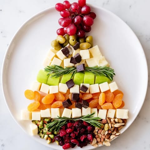 A delightful Cranberry Joy Tree Board features creamy cheeses, glistening cranberries, and savory olives for a party.