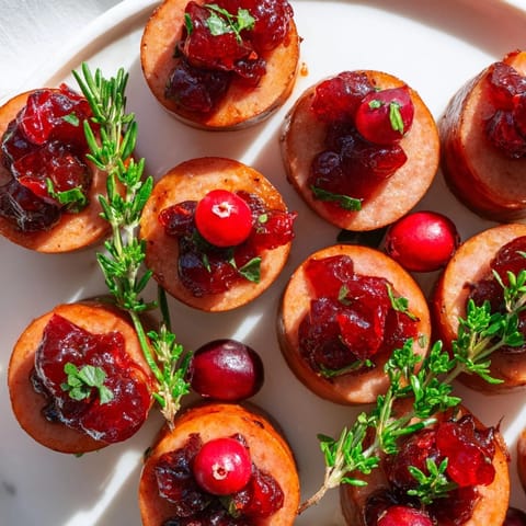 Warm Festive Holly Berry Sausage Bites with vibrant cranberry topping and fresh herb garnishes displayed beautifully.