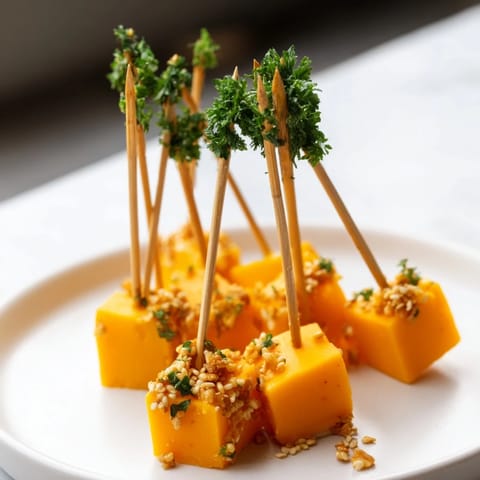 Crisp pretzel sparklers topped with cheddar cheese cubes offer a quick and delicious NYE cheese appetizer.