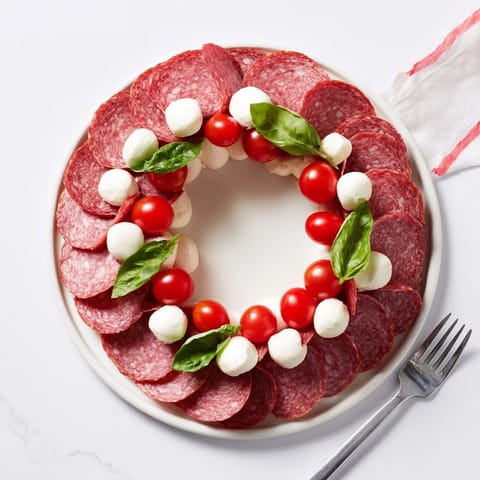 A close-up of a festive Folded Salami Wreath, ready to be enjoyed with crackers and delicious flavors.