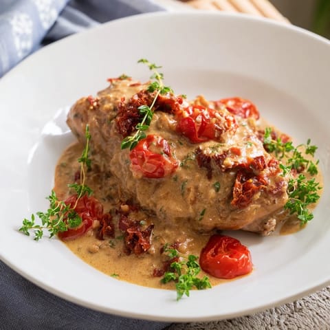 Close-up of Creamy Sun-Dried Tomato Chicken Skillet, with vibrant basil garnishing the rich, flavorful sauce.