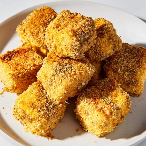 Crispy popcorn tofu bites with a flavorful exterior, perfect for a vegan snack, ready to eat.