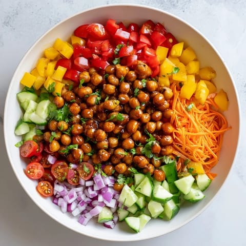 A refreshing bowl of BBQ chickpea salad, filled with vibrant vegetables ready for a light lunch.