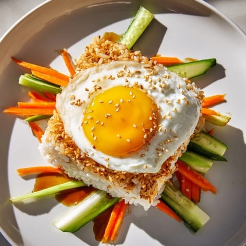 A close-up of a crispy egg rice bowl: crunchy rice, runny yolk, and colorful garnishes.