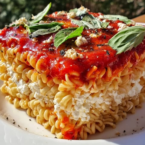 Delicious, layered Ramen Lasagna: a comforting, cheesy casserole packed with flavorful tomato sauce.