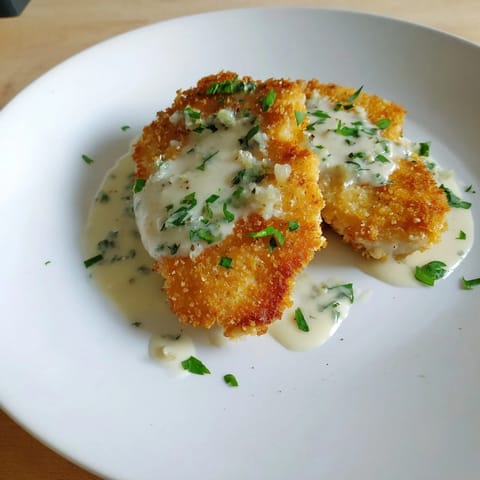 This photo features succulent crispy chicken with garlic cream sauce, drizzled over tender chicken breasts.