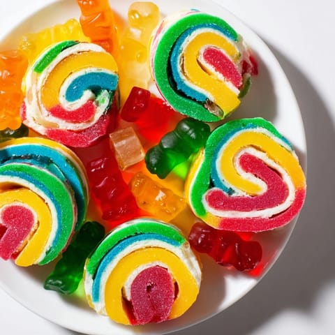 Close-up of freshly sliced Rainbow Candy Roll Ups, ready to enjoy as a sweet party snack.