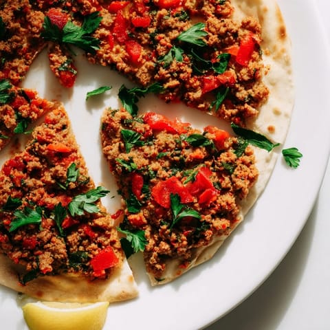 Golden-crusted Turkish Lahmacun flatbread topped with flavorful minced meat and vibrant vegetables, ready to eat.