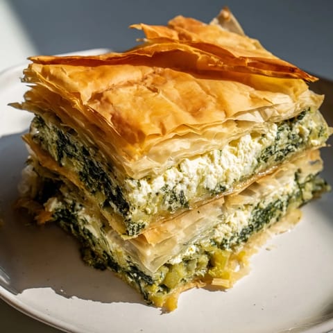 A warm, flavorful slice of Greek Spanakopita, showcasing the savory spinach and salty feta.