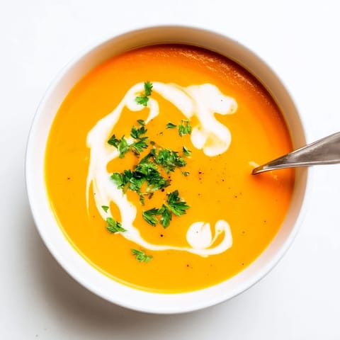 Close-up of roasted carrot-based creamy soup with golden swirls and fresh chives on top.