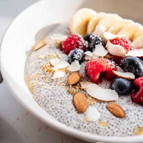 Thick and smooth chia seed pudding layered with mango slices and chopped nuts, topped with a drizzle of maple syrup.