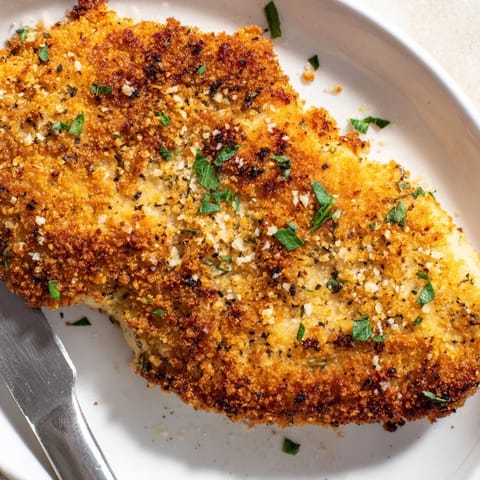A close-up of a Crispy Parmesan Chicken Cutlet shows a crunchy, cheesy crust and tender interior, perfect for a quick Italian-American meal.