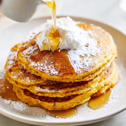 Fluffy Pumpkin Spice Pancakes cooking on a griddle, filling the air with warm cinnamon, ginger, and nutmeg aromas.