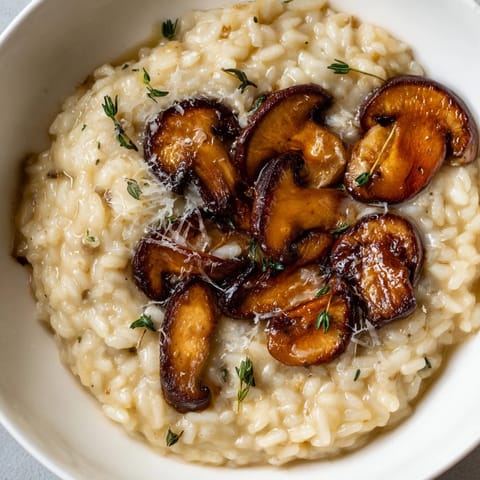 Steaming Roasted Mushroom Risotto topped with golden caramelized mushrooms and fresh parsley in a rustic serving dish.