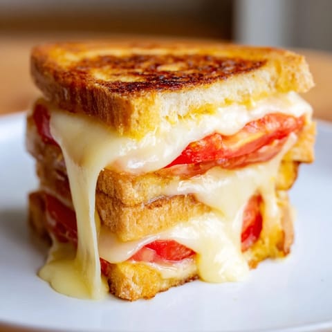 Pepper Jack & Tomato Grilled Cheese sandwich, buttery and toasted, sits beside a cup of creamy tomato soup for dipping.  