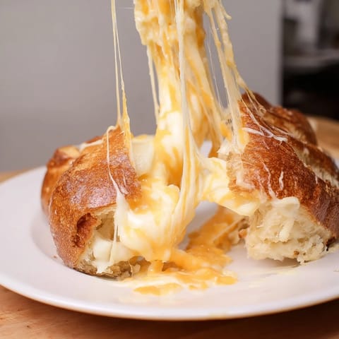 A Triple Cheese Sourdough Grilled Cheese sandwich is served hot and golden, perfect alongside a comforting bowl of creamy tomato soup.  