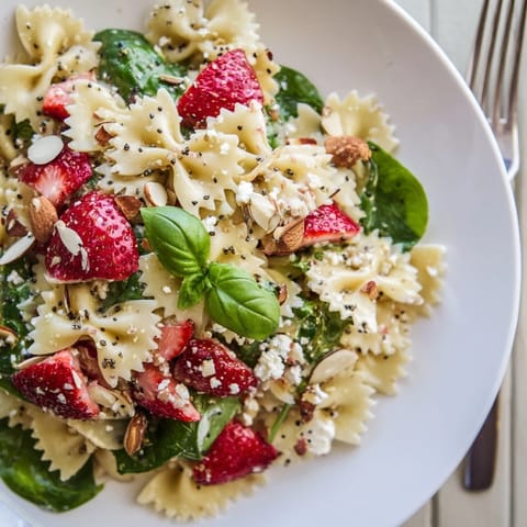 Spring Spinach Strawberry Pasta Salad features a colorful mix of al dente pasta, juicy berries, and toasted almonds on a white serving dish.  