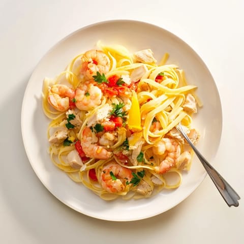 A close-up of colorful Lemon Garlic Shrimp & Chicken Pasta, steam rising from the skillet with garlic, shallots, and red pepper flakes.  